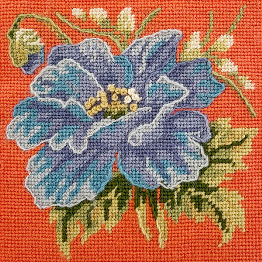 Mini Blue Poppy Tapestry Kit, Needlepoint Kit on Orange - Glorafilia