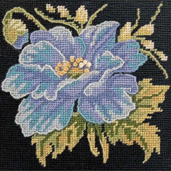 Mini Blue Poppy Tapestry Kit, Needlepoint Kit on Black - Glorafilia
