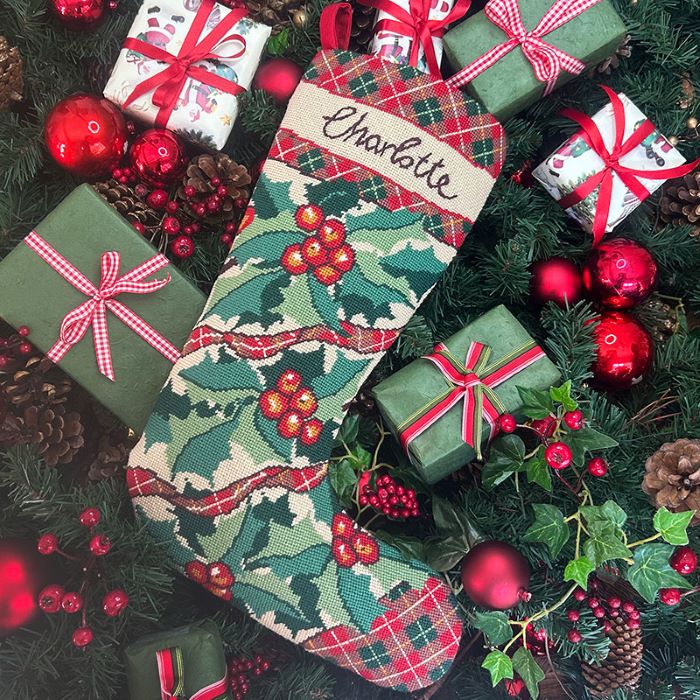 Holly and Tartan Christmas Stocking Tapestry Kit - Glorafilia