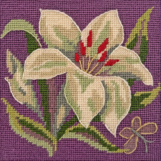 Mini Lily Tapestry Kit, Needlepoint Kit on Mauve- Glorafilia