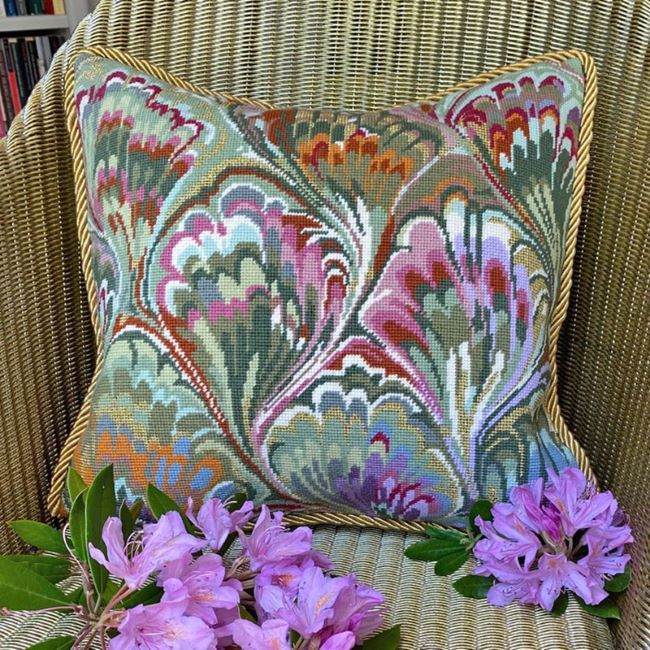 Marbled Cushion Tapestry Kit, Needlepoint Kit - Glorafilia (Green/Gold)