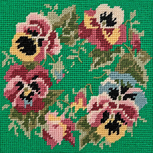 Mini Pansy Garland Tapestry Kit, Needlepoint Kit on Green - Glorafilia
