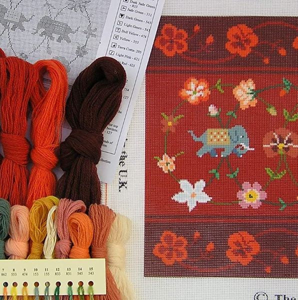 Indian Elephants Needlepoint Tapestry Kit (Red) - The Fei Collection