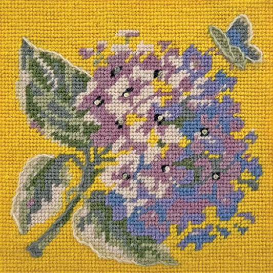 Mini Hydrangea Tapestry Kit, Needlepoint Kit on Yellow - Glorafilia