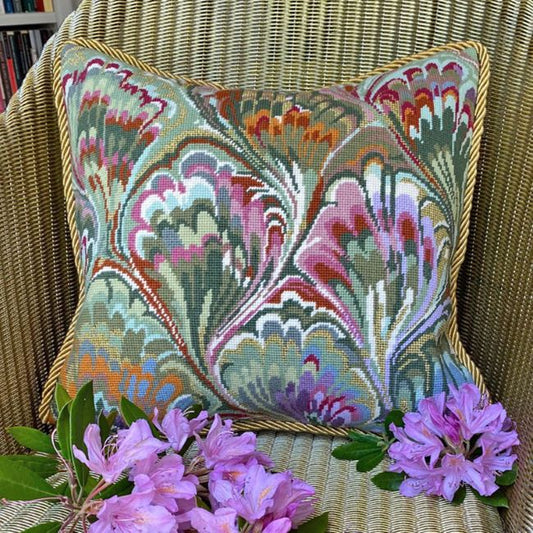 Marbled Cushion Tapestry Kit, Needlepoint Kit - Glorafilia (Green/Gold)