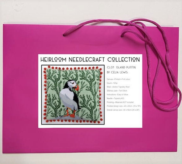 Island Puffin Tapestry Kit, Needlepoint Kit - Heirloom Needlecraft